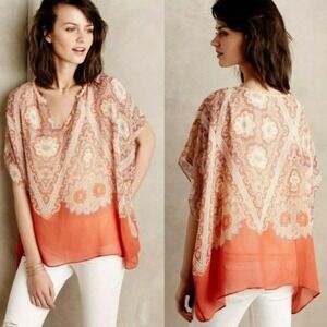 Maeve Anthropologie Nalina 100% Silk Blouse Large Orange Paisley Boho Kimono Top